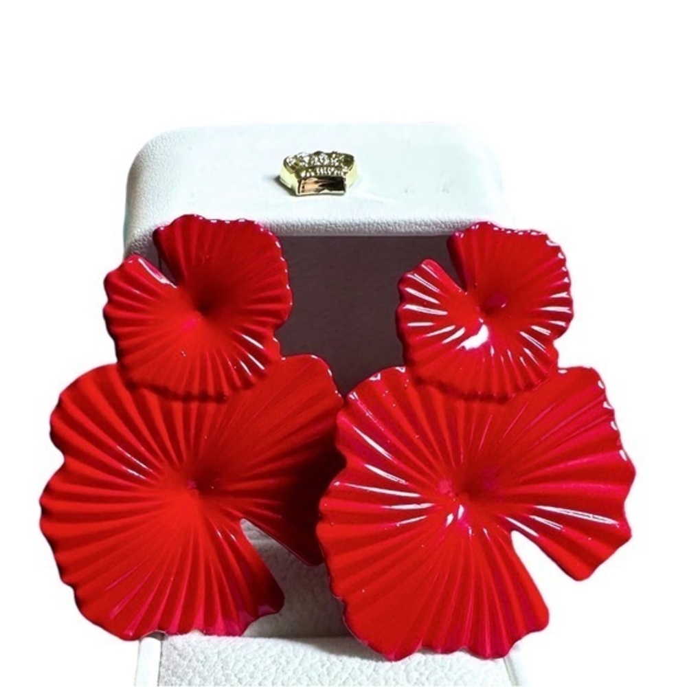 ANTHRO RED ENAMEL ‘HIBISCUS’ ART DECO DANGLE EARRINGS